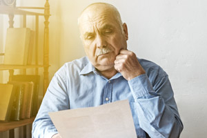Older man looking concerned at a sheet of paper